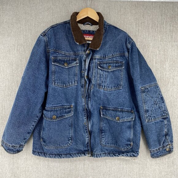 Wrangler Denim Sherpa Lined Barn Chore Coat Jacket Brown Corduroy Collar Trucker - Picture 1 of 10